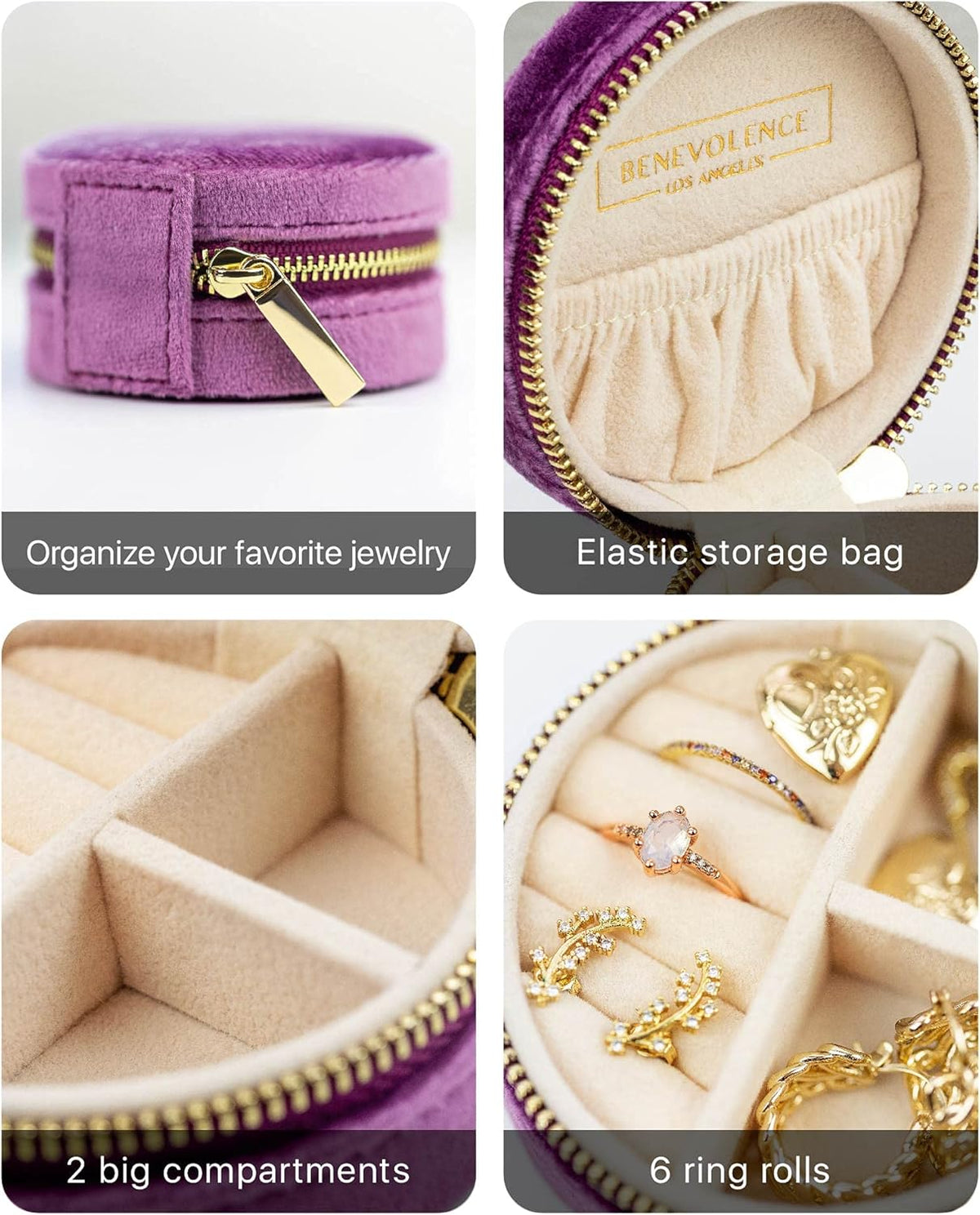 Velvet Travel Jewelry Box for Women – Compact Round Zipper Case for Rings, Earrings & Necklaces – Small Portable Organizer & Giftable Storage – Lilac