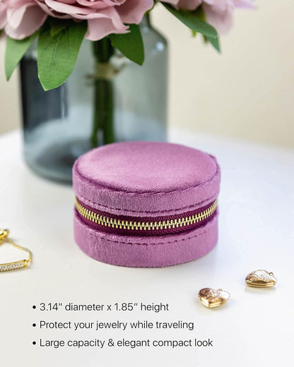Velvet Travel Jewelry Box for Women – Compact Round Zipper Case for Rings, Earrings & Necklaces – Small Portable Organizer & Giftable Storage – Lilac