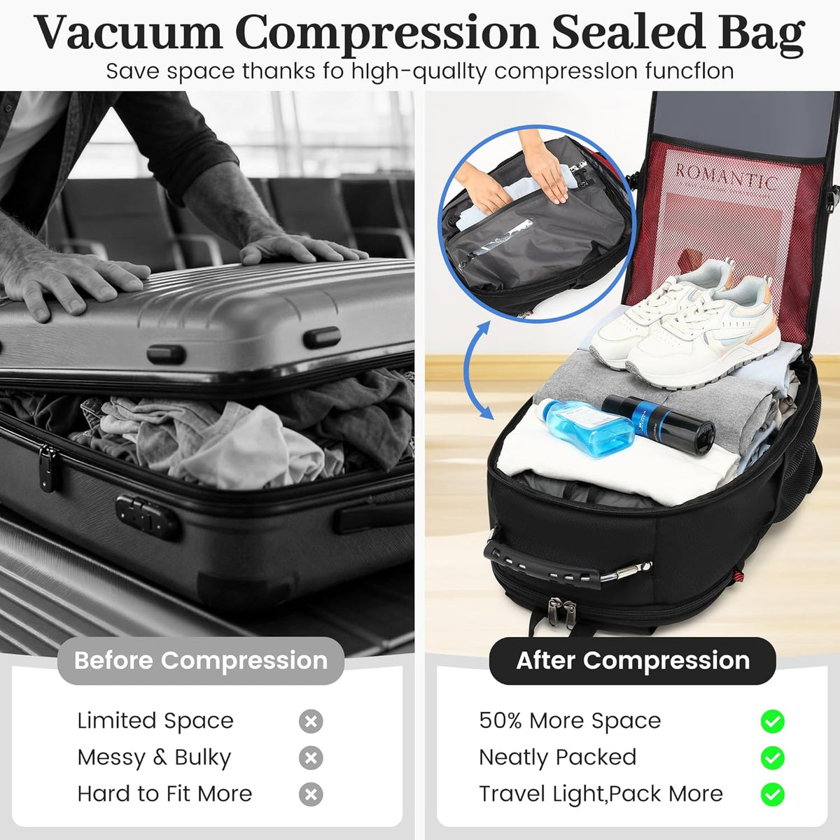 Vacuum Seal Backpack for Travel with Pump, 55L Large Bag with Zipper‑Off Detachable Vacuum Compression Bag Waterproof Carry On Large Travel Bag for Airline，Bags and Backpack Used Independently