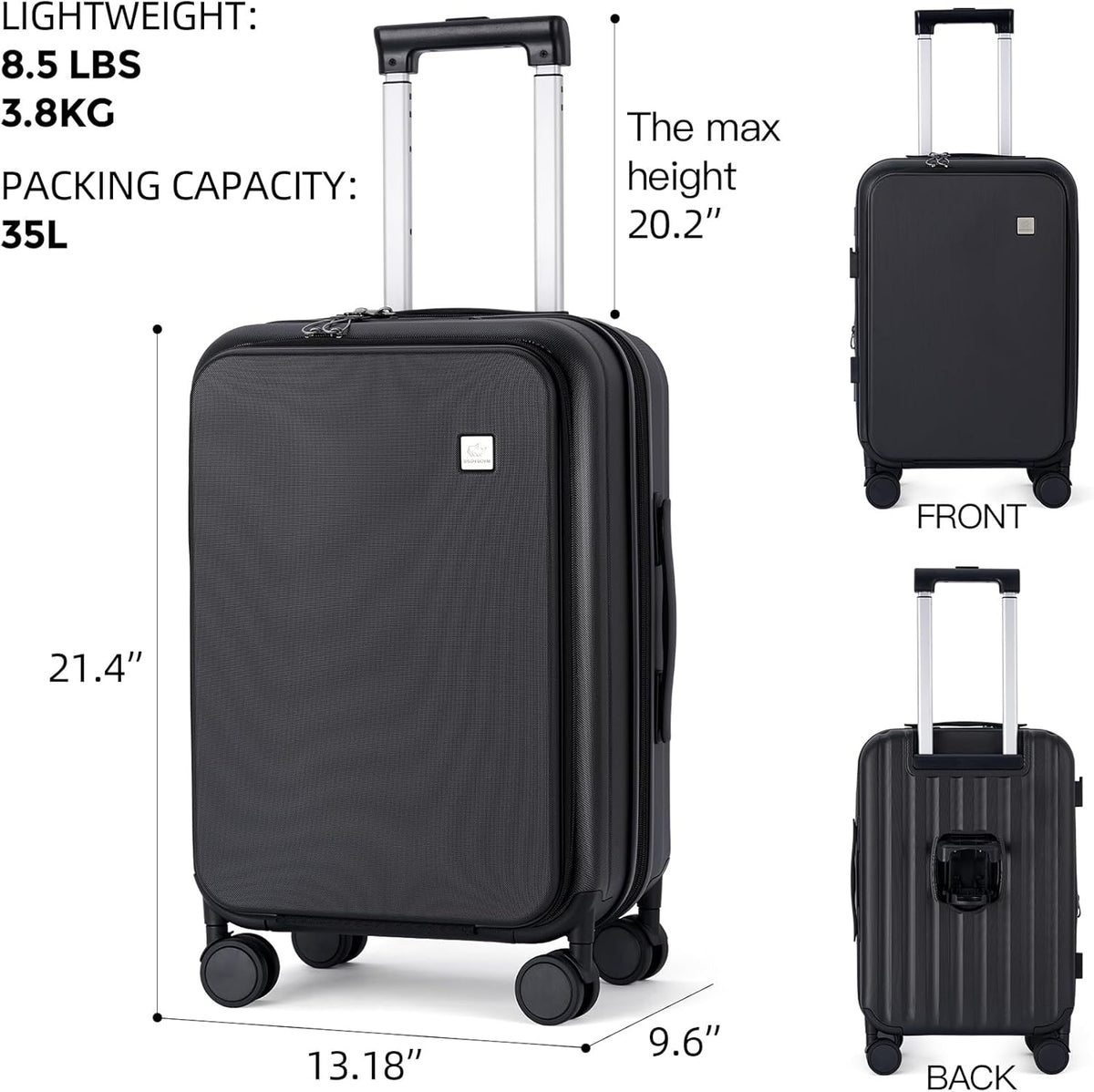 20 Inch Carry On Luggage, PC Lightweight Hardside | Expandable, Spinner Wheels, Front Compartment & Cup Holder, TSA-Approved Lock, USB Port