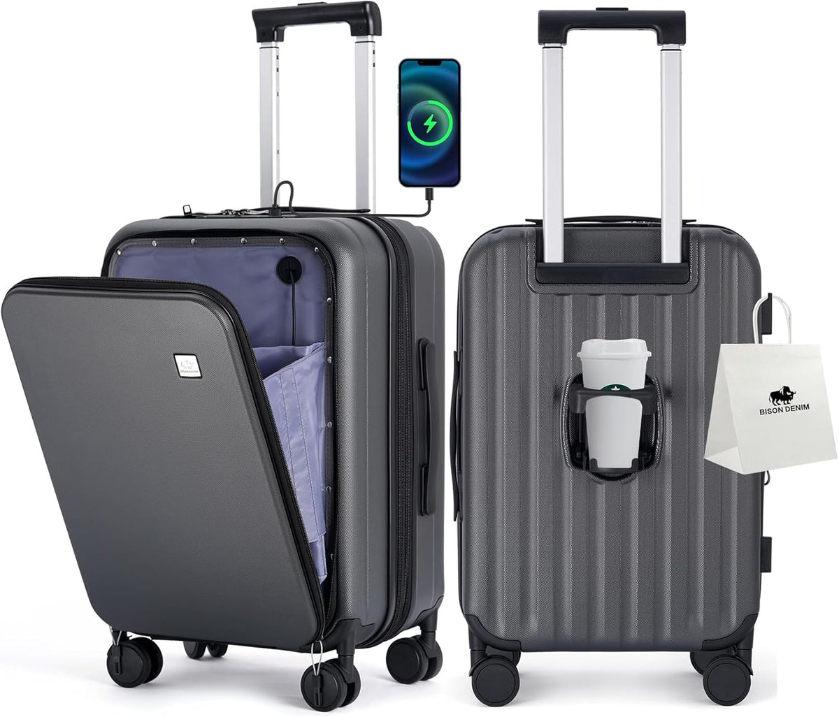 20 Inch Carry On Luggage, PC Lightweight Hardside | Expandable, Spinner Wheels, Front Compartment & Cup Holder, TSA-Approved Lock, USB Port