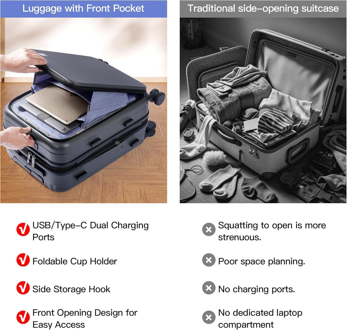 20 Inch Carry On Luggage, PC Lightweight Hardside | Expandable, Spinner Wheels, Front Compartment & Cup Holder, TSA-Approved Lock, USB Port