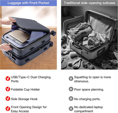 20 Inch Carry On Luggage, PC Lightweight Hardside | Expandable, Spinner Wheels, Front Compartment & Cup Holder, TSA-Approved Lock, USB Port