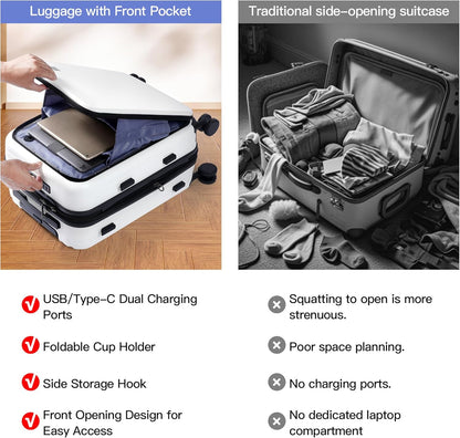 20 Inch Carry On Luggage, PC Lightweight Hardside | Expandable, Spinner Wheels, Front Compartment & Cup Holder, TSA-Approved Lock, USB Port