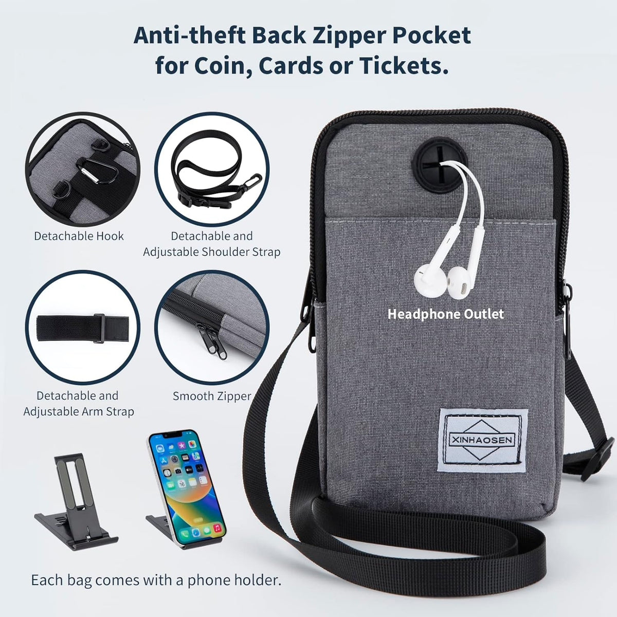 Cell Phone Purse Waist Pack Bag Travel Crossbody Bag Wristband Sport Armband Wallet with Removable Shoulder Strap (Black)