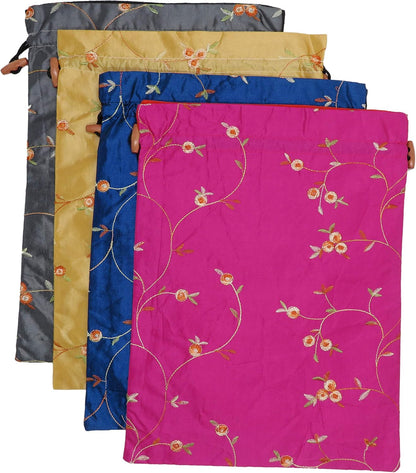 4pcs Embroidered Silk Flower Design Jacquard Travel Bag, Laundry Bags Shoe Bags, Lingerie Bags Underwear Bags for Travel Storage for Men Women Washable Cloth Shoe Bags