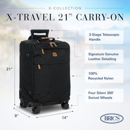X-Travel 21” Carry-On Spinner – Airline Approved Luxury Softside Luggage with 360° Wheels, Recycled Water-Resistant Fabric, Interior Pockets, and Leather Details – Navy