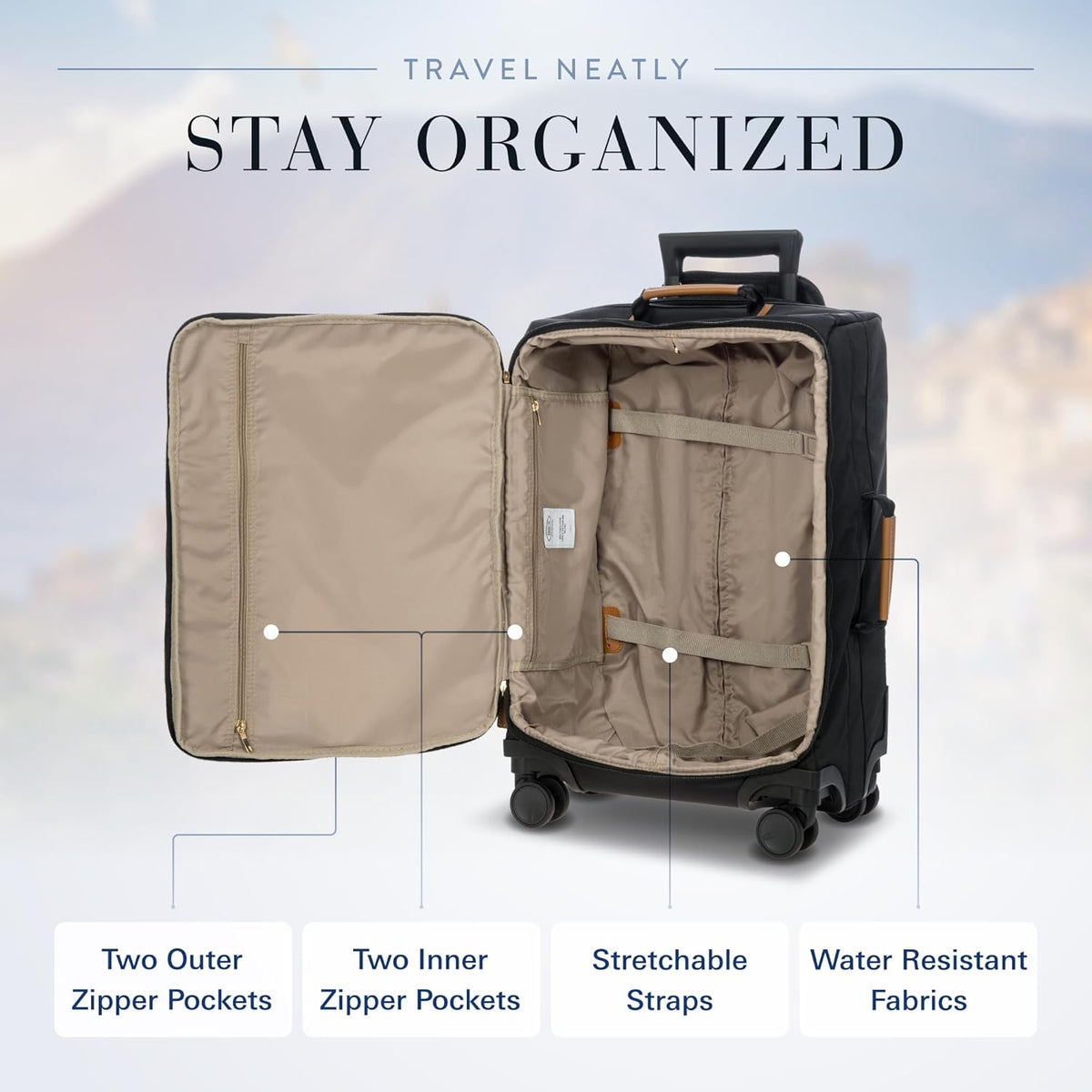 X-Travel 21” Carry-On Spinner – Airline Approved Luxury Softside Luggage with 360° Wheels, Recycled Water-Resistant Fabric, Interior Pockets, and Leather Details – Navy