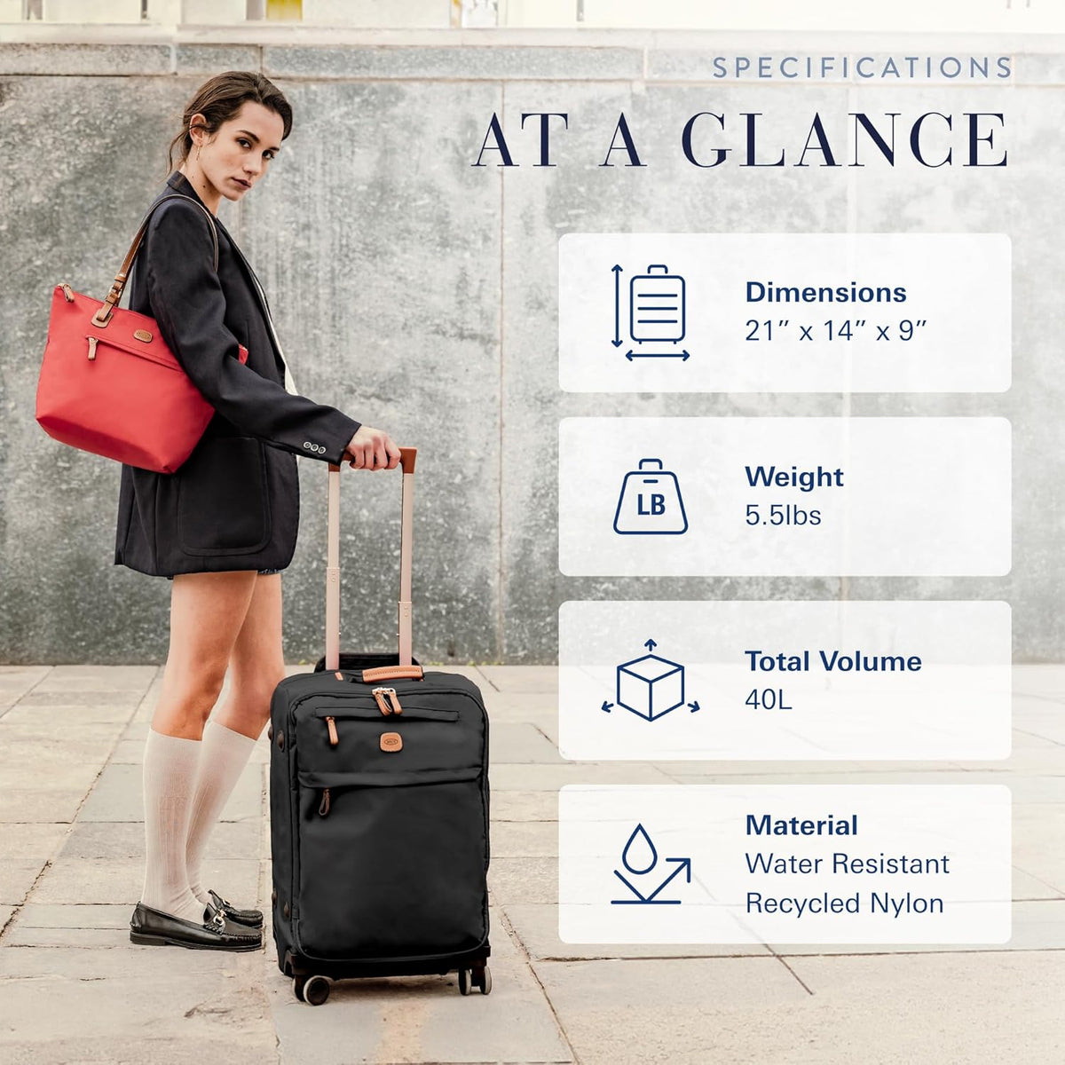 X-Travel 21” Carry-On Spinner – Airline Approved Luxury Softside Luggage with 360° Wheels, Recycled Water-Resistant Fabric, Interior Pockets, and Leather Details – Navy