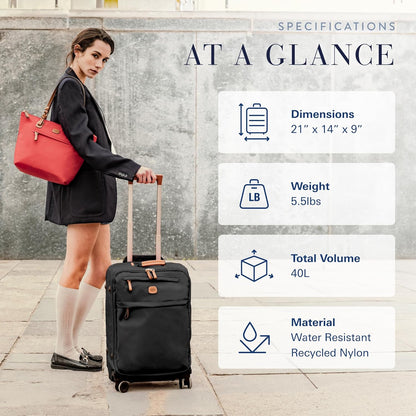 X-Travel 21” Carry-On Spinner – Airline Approved Luxury Softside Luggage with 360° Wheels, Recycled Water-Resistant Fabric, Interior Pockets, and Leather Details – Navy