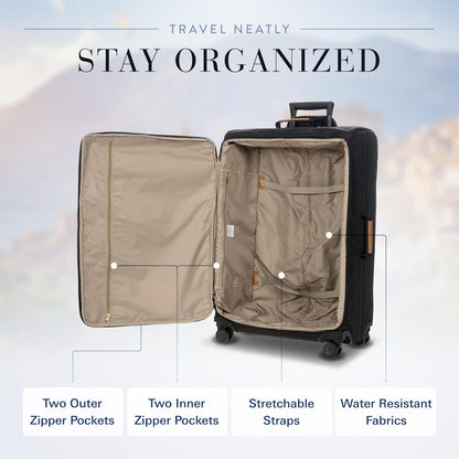 X-Travel 21” Carry-On Spinner – Airline Approved Luxury Softside Luggage with 360° Wheels, Recycled Water-Resistant Fabric, Interior Pockets, and Leather Details – Navy