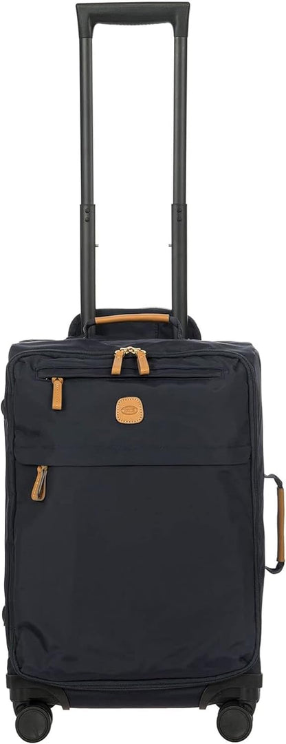X-Travel 21” Carry-On Spinner – Airline Approved Luxury Softside Luggage with 360° Wheels, Recycled Water-Resistant Fabric, Interior Pockets, and Leather Details – Navy