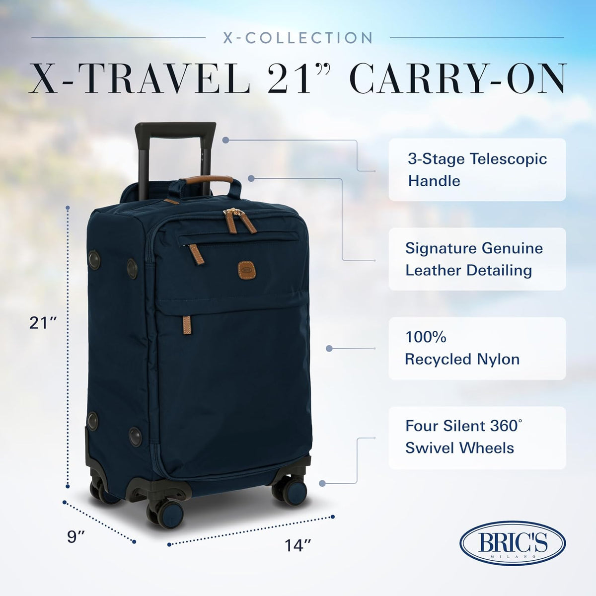 X-Travel 21” Carry-On Spinner – Airline Approved Luxury Softside Luggage with 360° Wheels, Recycled Water-Resistant Fabric, Interior Pockets, and Leather Details – Navy