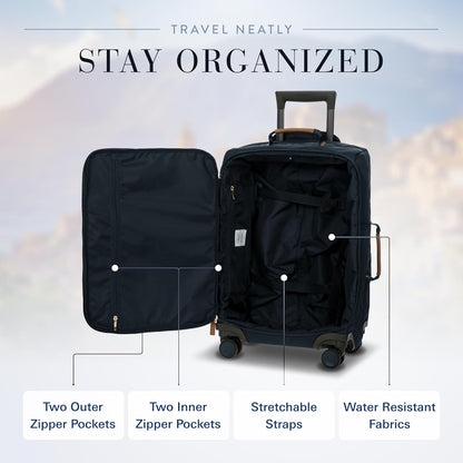 X-Travel 21” Carry-On Spinner – Airline Approved Luxury Softside Luggage with 360° Wheels, Recycled Water-Resistant Fabric, Interior Pockets, and Leather Details – Navy