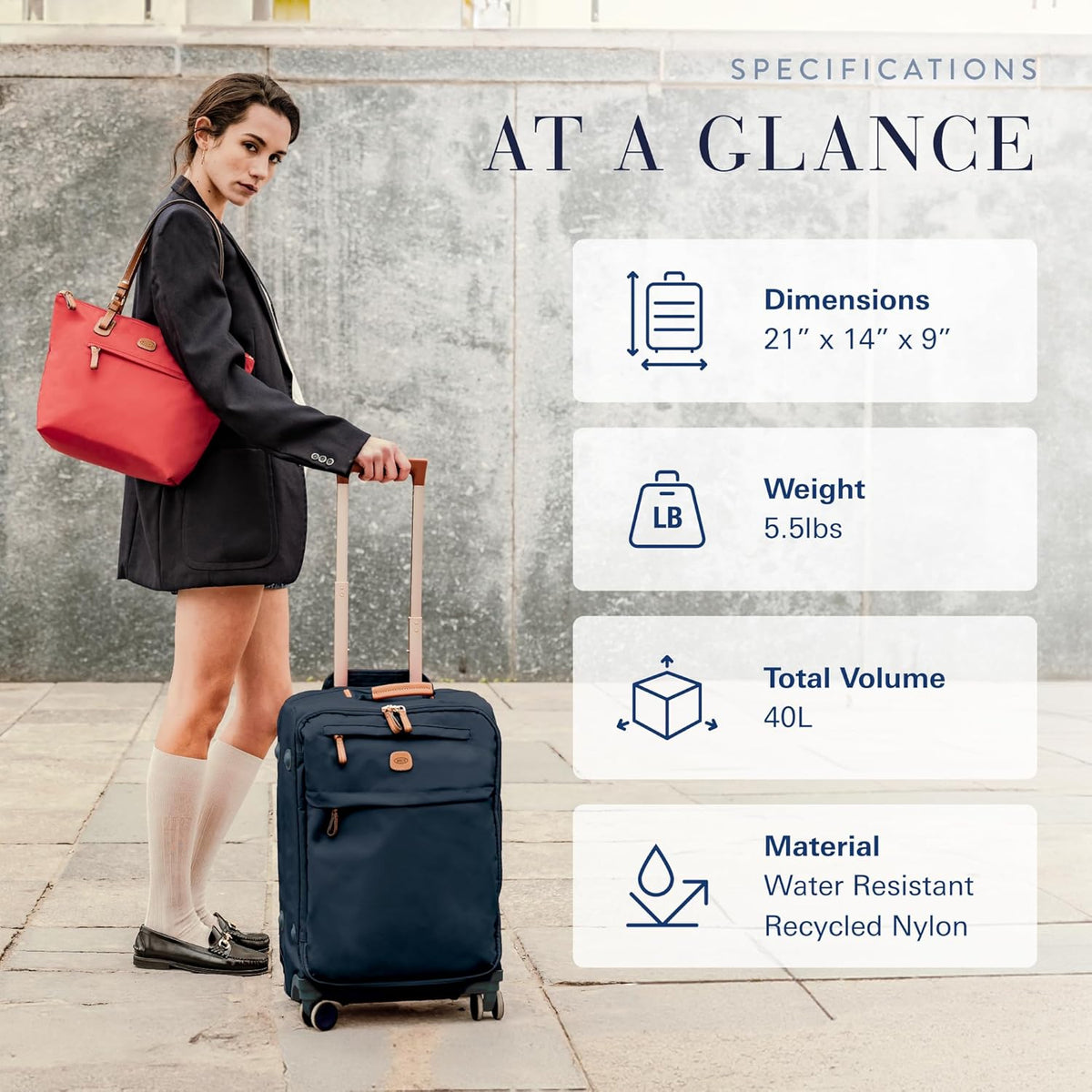 X-Travel 21” Carry-On Spinner – Airline Approved Luxury Softside Luggage with 360° Wheels, Recycled Water-Resistant Fabric, Interior Pockets, and Leather Details – Navy
