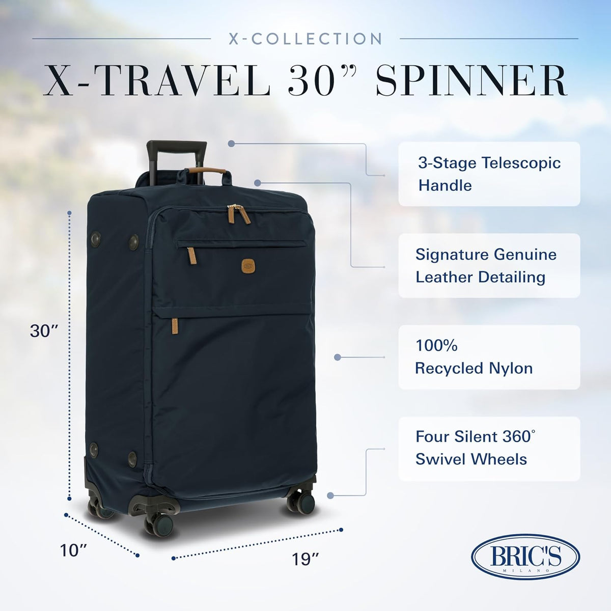 X-Travel 21” Carry-On Spinner – Airline Approved Luxury Softside Luggage with 360° Wheels, Recycled Water-Resistant Fabric, Interior Pockets, and Leather Details – Navy