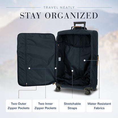 X-Travel 21” Carry-On Spinner – Airline Approved Luxury Softside Luggage with 360° Wheels, Recycled Water-Resistant Fabric, Interior Pockets, and Leather Details – Navy
