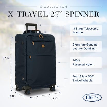 X-Travel 21” Carry-On Spinner – Airline Approved Luxury Softside Luggage with 360° Wheels, Recycled Water-Resistant Fabric, Interior Pockets, and Leather Details – Navy