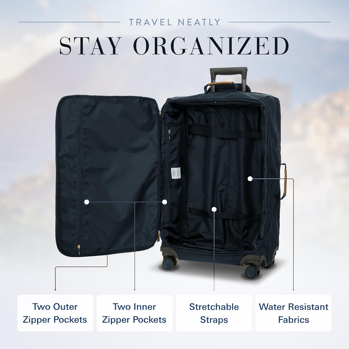 X-Travel 21” Carry-On Spinner – Airline Approved Luxury Softside Luggage with 360° Wheels, Recycled Water-Resistant Fabric, Interior Pockets, and Leather Details – Navy