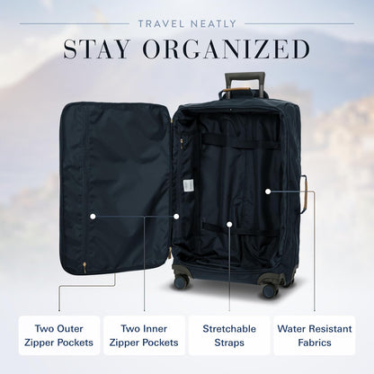 X-Travel 21” Carry-On Spinner – Airline Approved Luxury Softside Luggage with 360° Wheels, Recycled Water-Resistant Fabric, Interior Pockets, and Leather Details – Navy