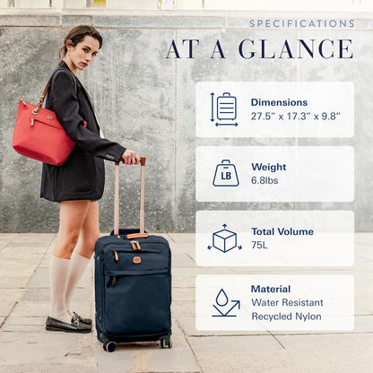 X-Travel 21” Carry-On Spinner – Airline Approved Luxury Softside Luggage with 360° Wheels, Recycled Water-Resistant Fabric, Interior Pockets, and Leather Details – Navy