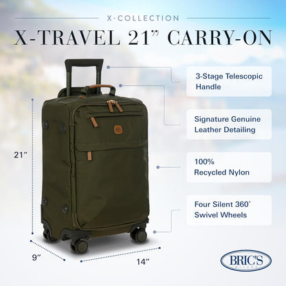 X-Travel 21” Carry-On Spinner – Airline Approved Luxury Softside Luggage with 360° Wheels, Recycled Water-Resistant Fabric, Interior Pockets, and Leather Details – Navy
