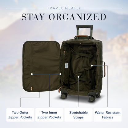 X-Travel 21” Carry-On Spinner – Airline Approved Luxury Softside Luggage with 360° Wheels, Recycled Water-Resistant Fabric, Interior Pockets, and Leather Details – Navy