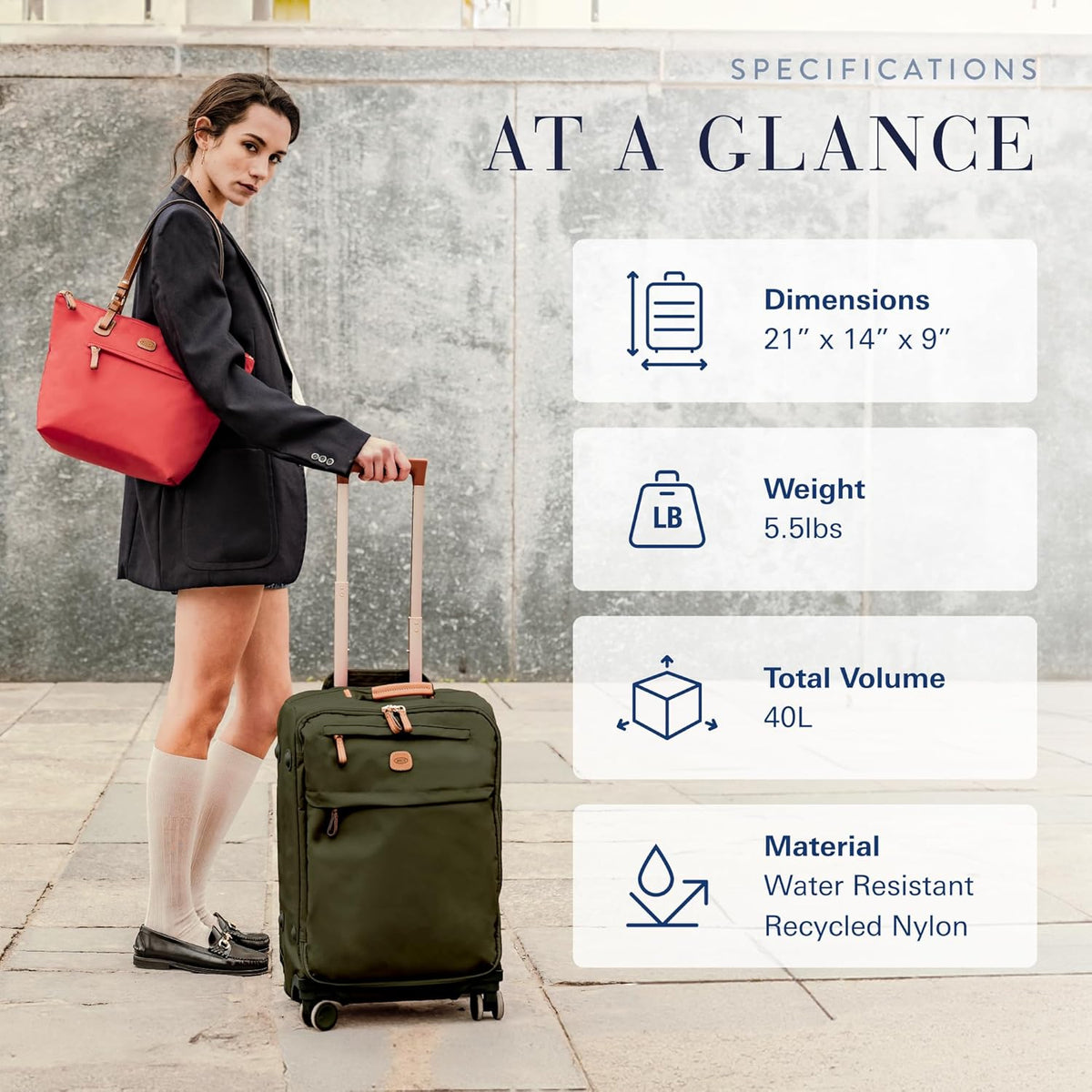 X-Travel 21” Carry-On Spinner – Airline Approved Luxury Softside Luggage with 360° Wheels, Recycled Water-Resistant Fabric, Interior Pockets, and Leather Details – Navy