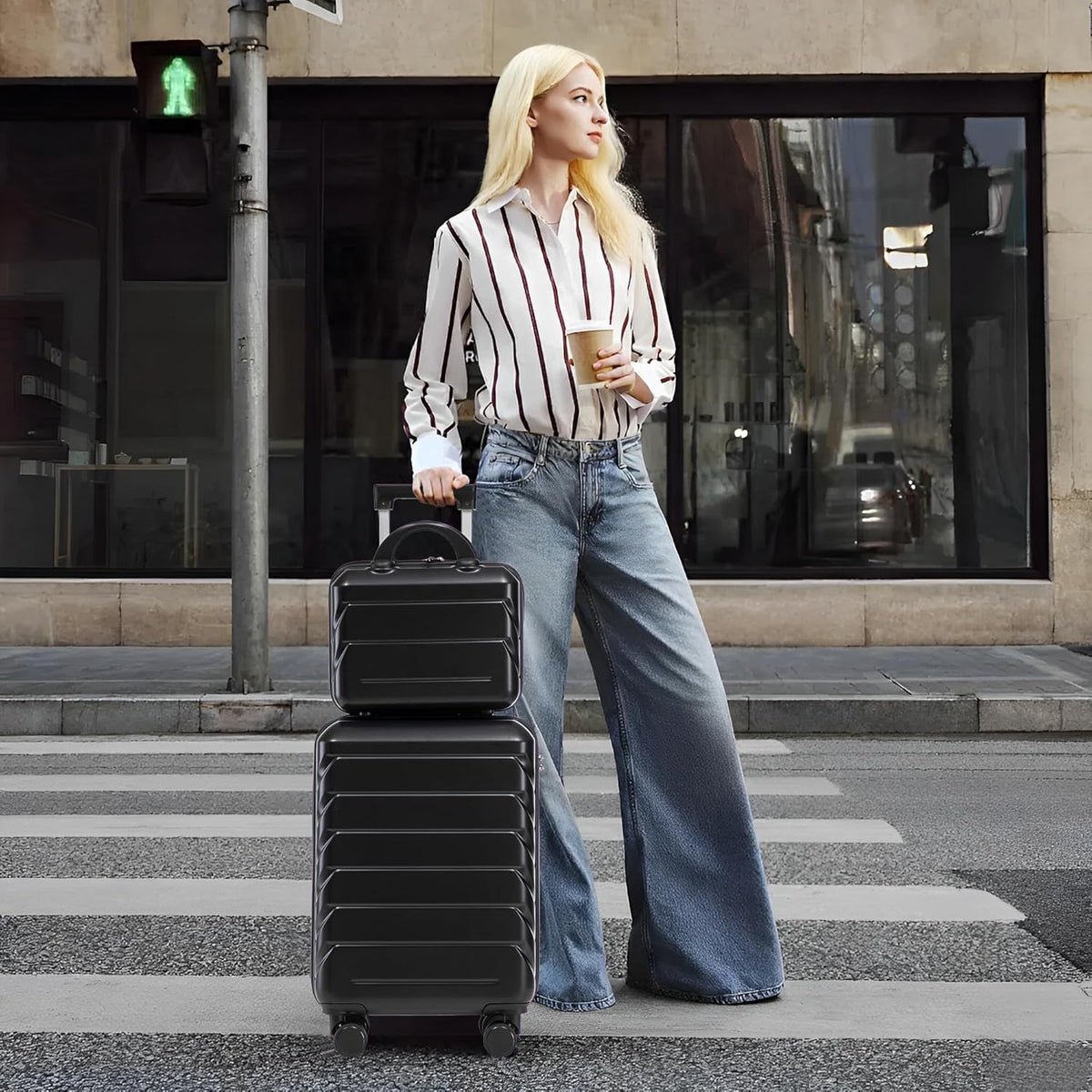 22x14x9 Airline Approved Carry On Luggage with 14'' Case - Bussiness Suitcase with Front Laptop Compartment, Hard Shell Suitcases with Spinner Wheels & Lock for Travel, Men/Women (Navy)