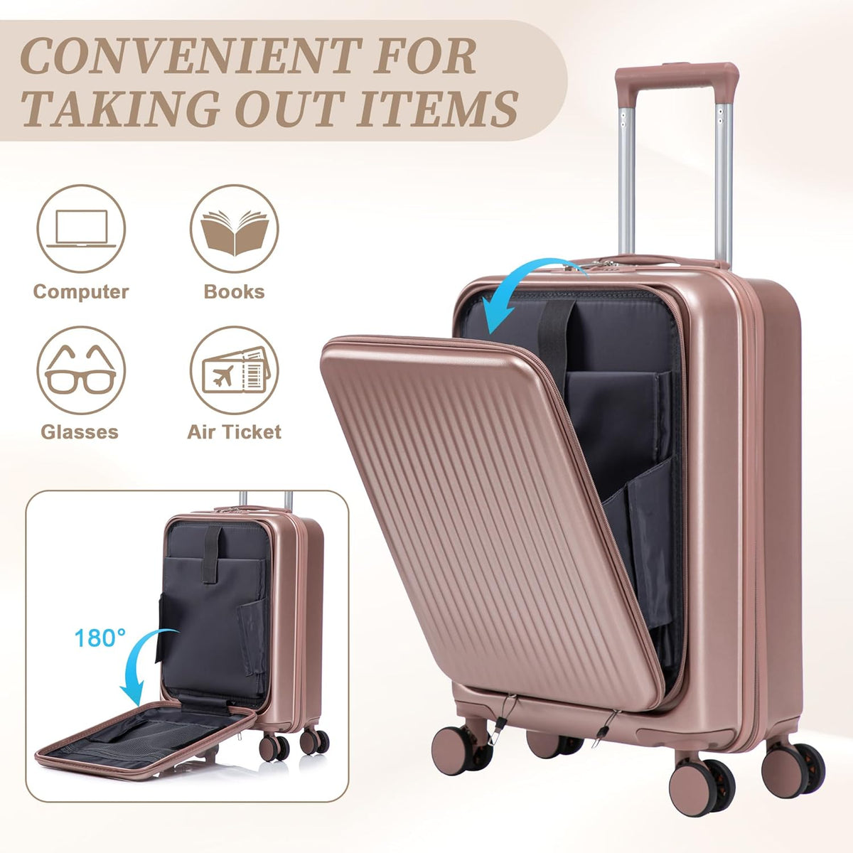 22x14x9 Airline Approved Carry On Luggage with 14'' Case - Bussiness Suitcase with Front Laptop Compartment, Hard Shell Suitcases with Spinner Wheels & Lock for Travel, Men/Women (Navy)
