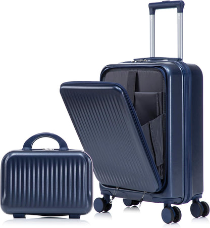 22x14x9 Airline Approved Carry On Luggage with 14'' Case - Bussiness Suitcase with Front Laptop Compartment, Hard Shell Suitcases with Spinner Wheels & Lock for Travel, Men/Women (Navy)