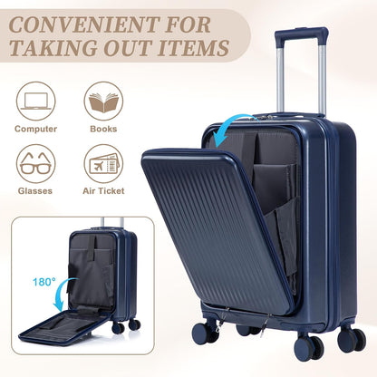 22x14x9 Airline Approved Carry On Luggage with 14'' Case - Bussiness Suitcase with Front Laptop Compartment, Hard Shell Suitcases with Spinner Wheels & Lock for Travel, Men/Women (Navy)