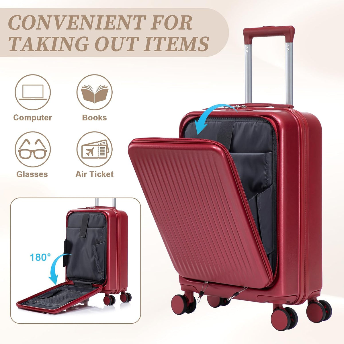 22x14x9 Airline Approved Carry On Luggage with 14'' Case - Bussiness Suitcase with Front Laptop Compartment, Hard Shell Suitcases with Spinner Wheels & Lock for Travel, Men/Women (Navy)