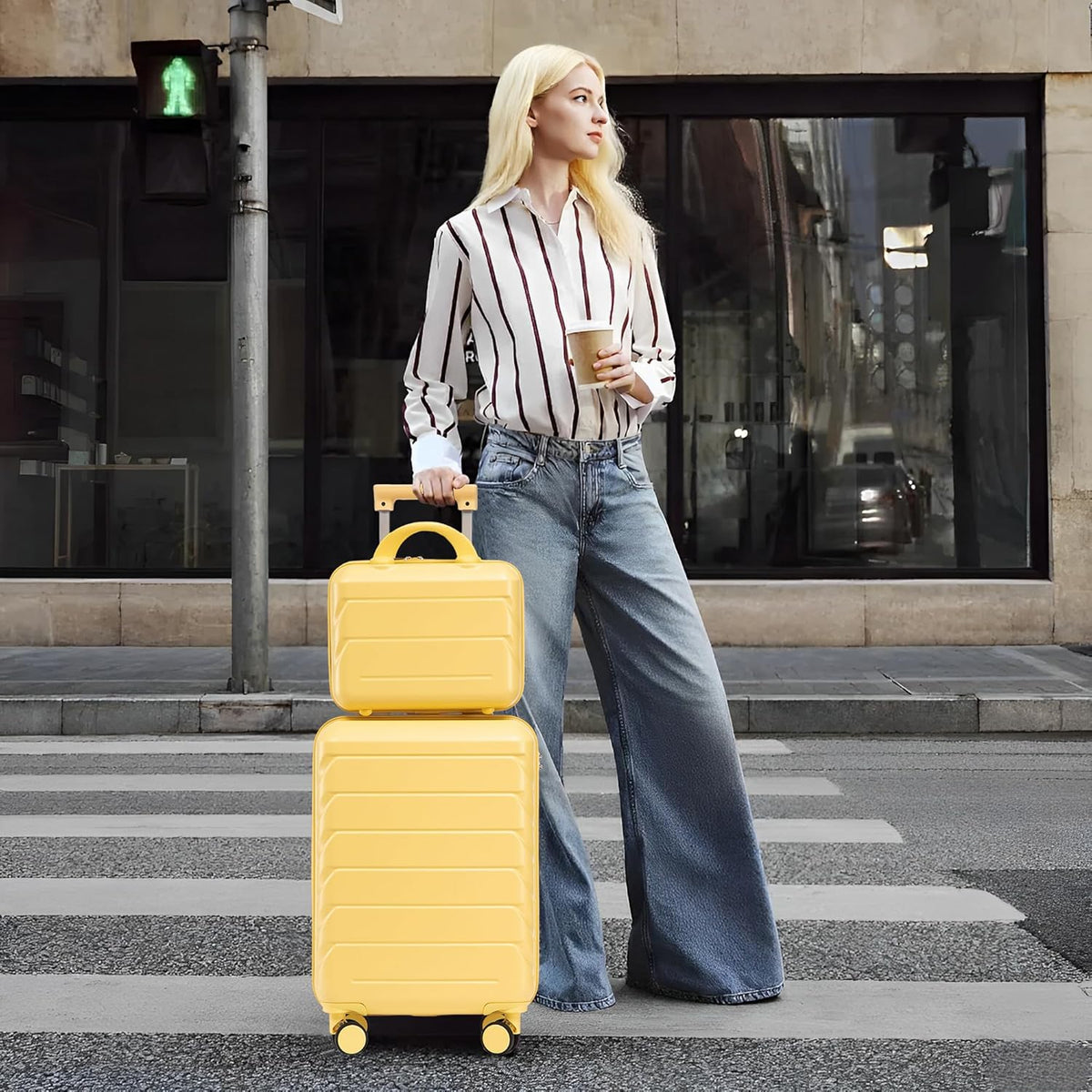 22x14x9 Airline Approved Carry On Luggage with 14'' Case - Bussiness Suitcase with Front Laptop Compartment, Hard Shell Suitcases with Spinner Wheels & Lock for Travel, Men/Women (Navy)