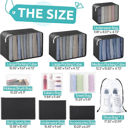 ALL INCLUDED - 12 Set Packing Cubes for Suitcases Carry On, Travel Essentials/Accessories Luggage Organizer Bags Set, Includes Cubes, Shoes Bag, Matte Cosmetic Bag, Zipper Bags