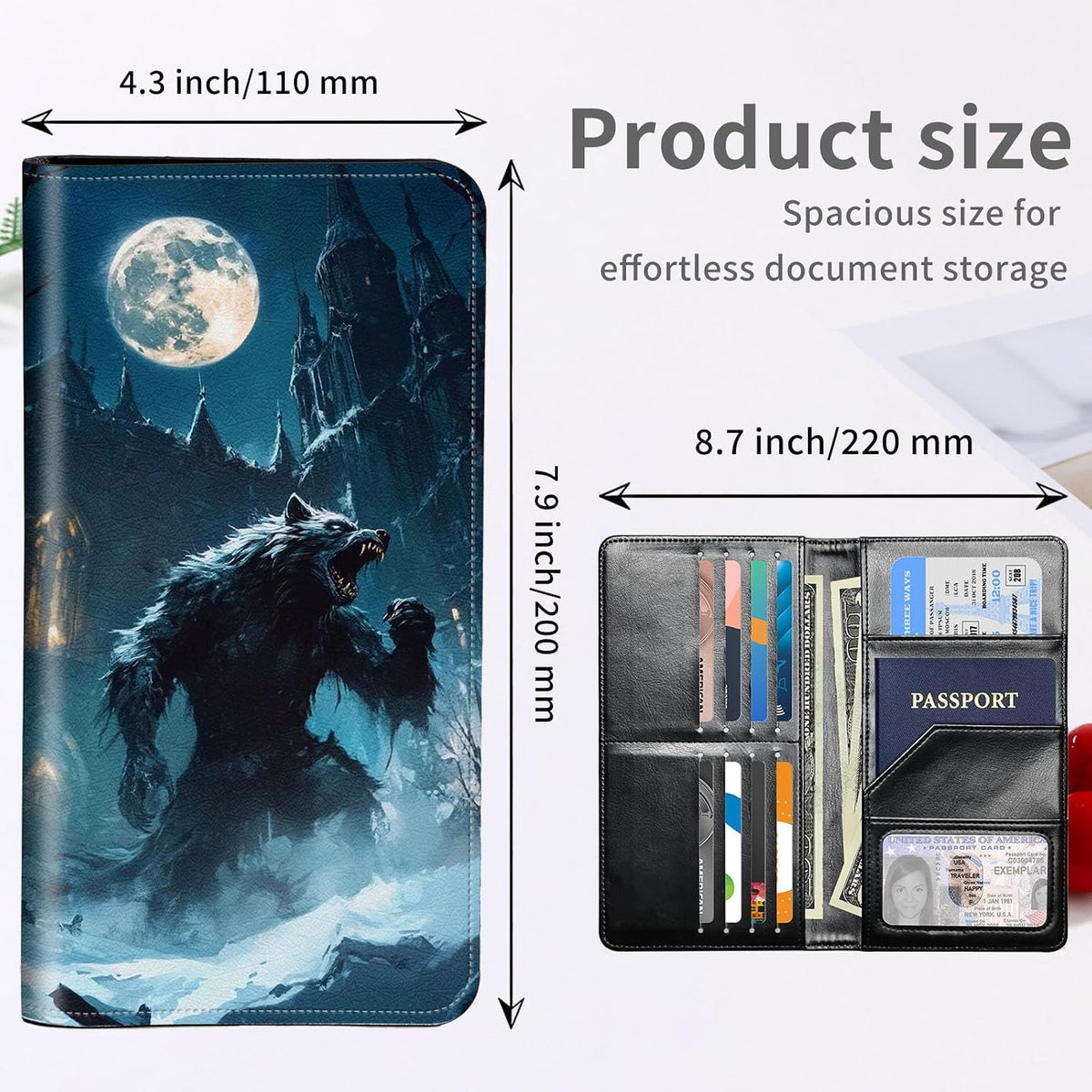 RFID Passport Holder with Multi Card Pockets,Family Travel Wallet & Document Organizer,Leather Waterproof Passport Case for Men & Women,Werewolf Moonlight
