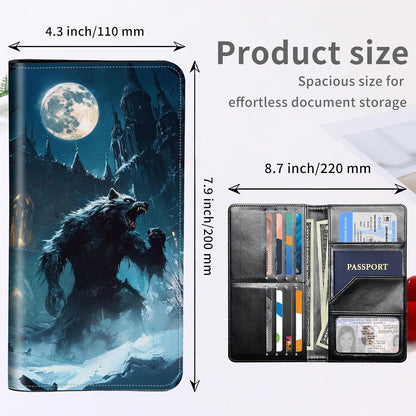 RFID Passport Holder with Multi Card Pockets,Family Travel Wallet & Document Organizer,Leather Waterproof Passport Case for Men & Women,Werewolf Moonlight