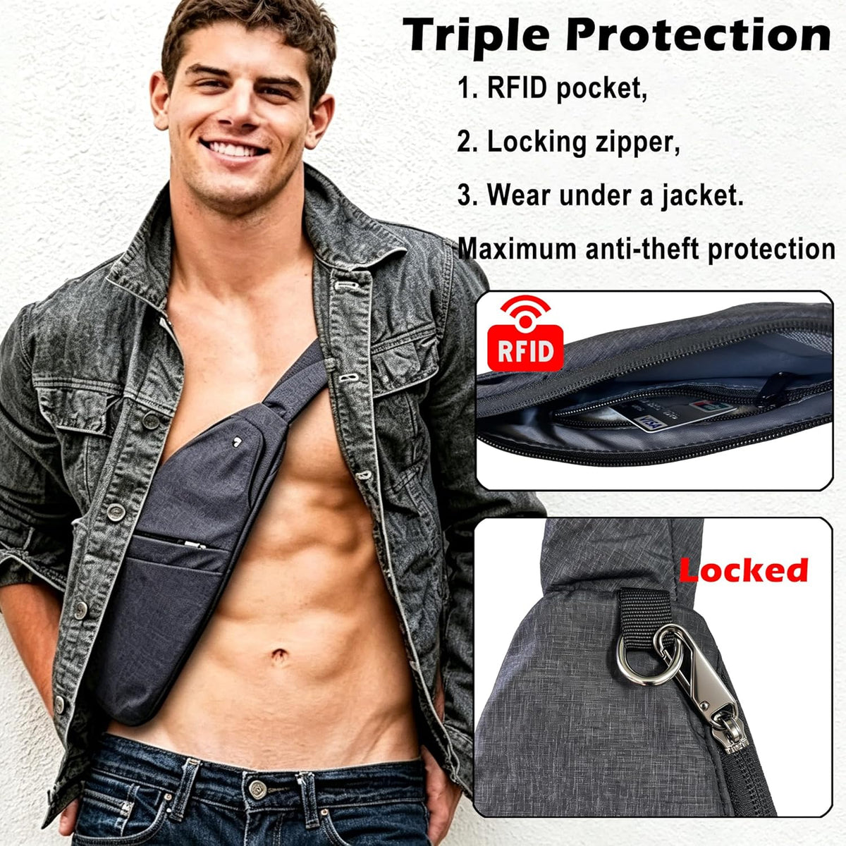 Slim Anti Theft Sling Bag Small Travel Pack Pickpocket Proof Crossbody Bag | Anti Theft One Shoulder Bag Flat Anti Pickpocket Bag Travel Pouch Passport Bag Secure Purses for Men Women lightweight
