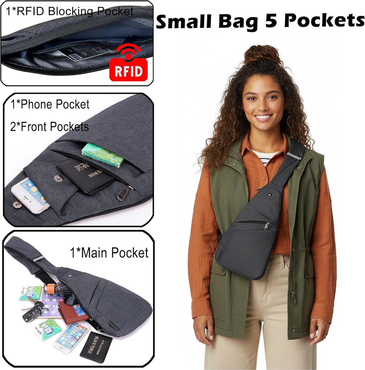 Slim Anti Theft Sling Bag Small Travel Pack Pickpocket Proof Crossbody Bag | Anti Theft One Shoulder Bag Flat Anti Pickpocket Bag Travel Pouch Passport Bag Secure Purses for Men Women lightweight