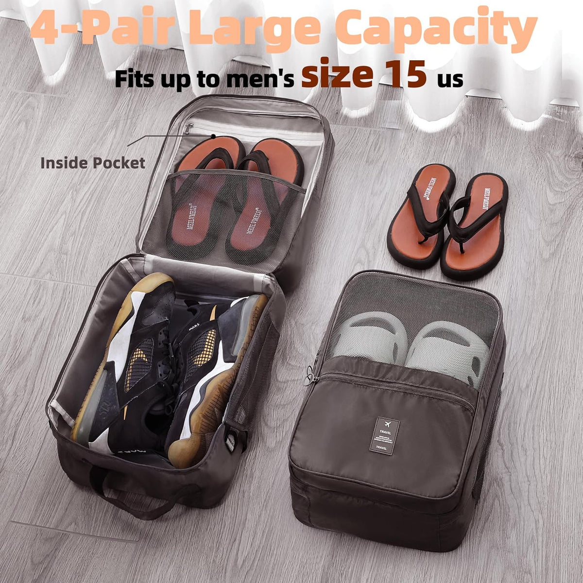 Large Shoe Bags for Travel Holds 4 Pair of Shoes, Shoe Storage Pouch with 3 Layers Compartments, Waterproof & Washable (Grey)