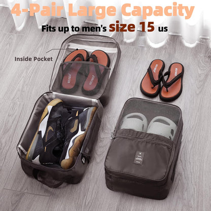 Large Shoe Bags for Travel Holds 4 Pair of Shoes, Shoe Storage Pouch with 3 Layers Compartments, Waterproof & Washable (Grey)