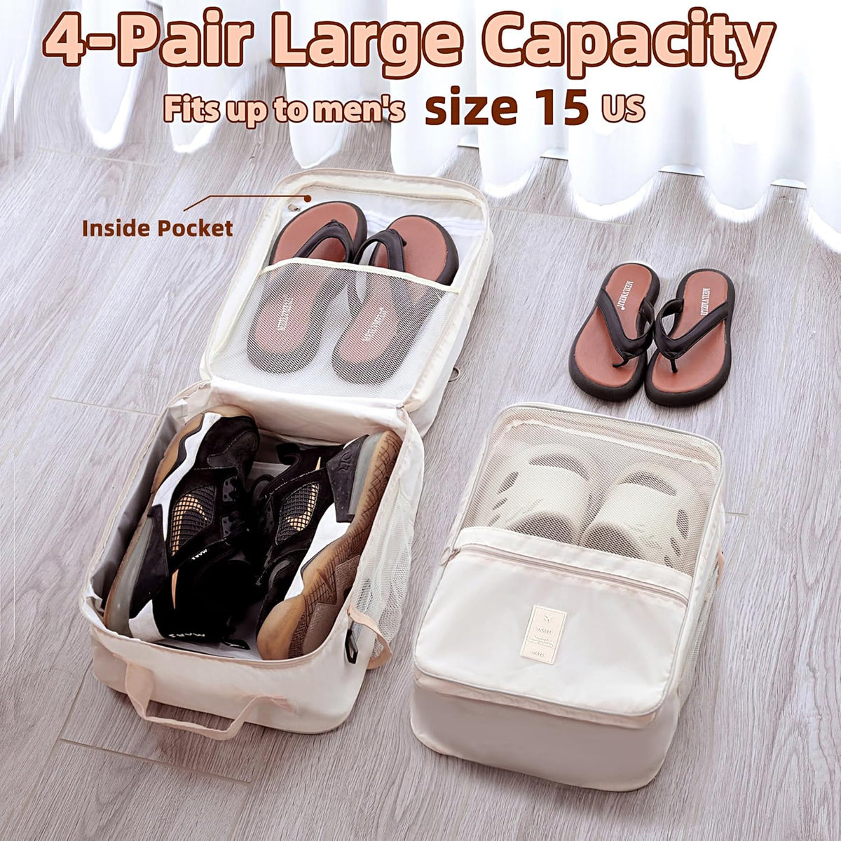 Large Shoe Bags for Travel Holds 4 Pair of Shoes, Shoe Storage Pouch with 3 Layers Compartments, Waterproof & Washable (Grey)