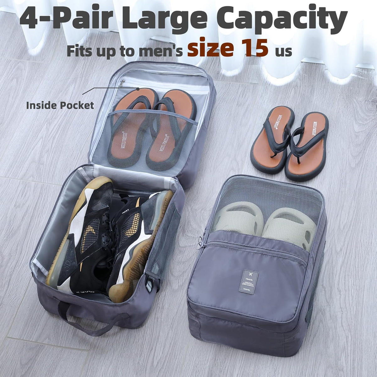 Large Shoe Bags for Travel Holds 4 Pair of Shoes, Shoe Storage Pouch with 3 Layers Compartments, Waterproof & Washable (Grey)