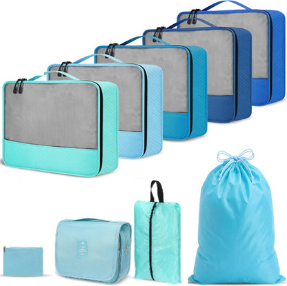 9 Pcs Packing Cubes Set for Travel with Waterproof Clothing Cubes Toiletry Shoe Laundry Jewelry Bag for Women Men(Light Blue)