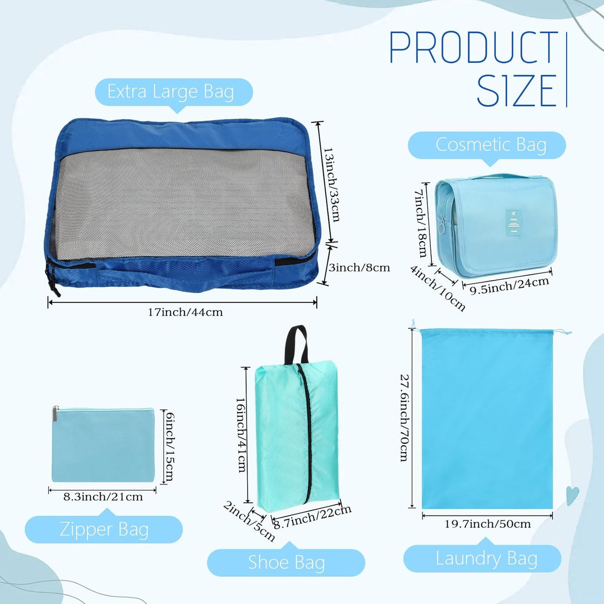 9 Pcs Packing Cubes Set for Travel with Waterproof Clothing Cubes Toiletry Shoe Laundry Jewelry Bag for Women Men(Light Blue)