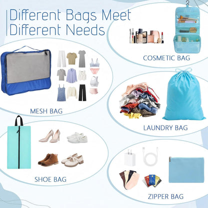 9 Pcs Packing Cubes Set for Travel with Waterproof Clothing Cubes Toiletry Shoe Laundry Jewelry Bag for Women Men(Light Blue)
