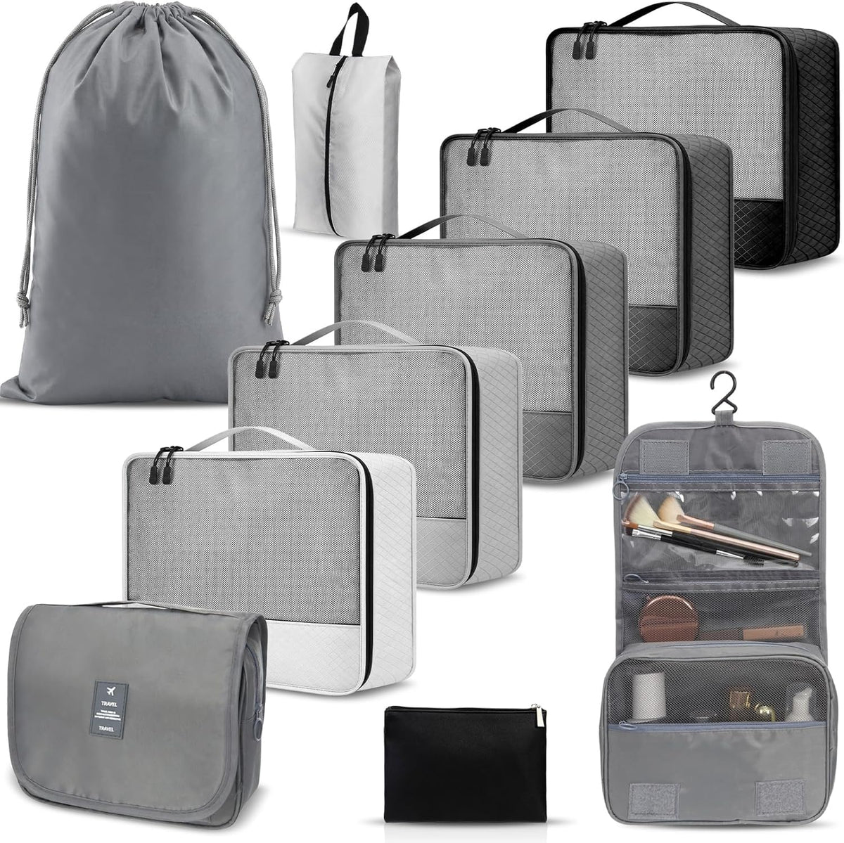 9 Pcs Packing Cubes Set for Travel with Waterproof Clothing Cubes Toiletry Shoe Laundry Jewelry Bag for Women Men(Light Blue)