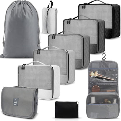 9 Pcs Packing Cubes Set for Travel with Waterproof Clothing Cubes Toiletry Shoe Laundry Jewelry Bag for Women Men(Light Blue)