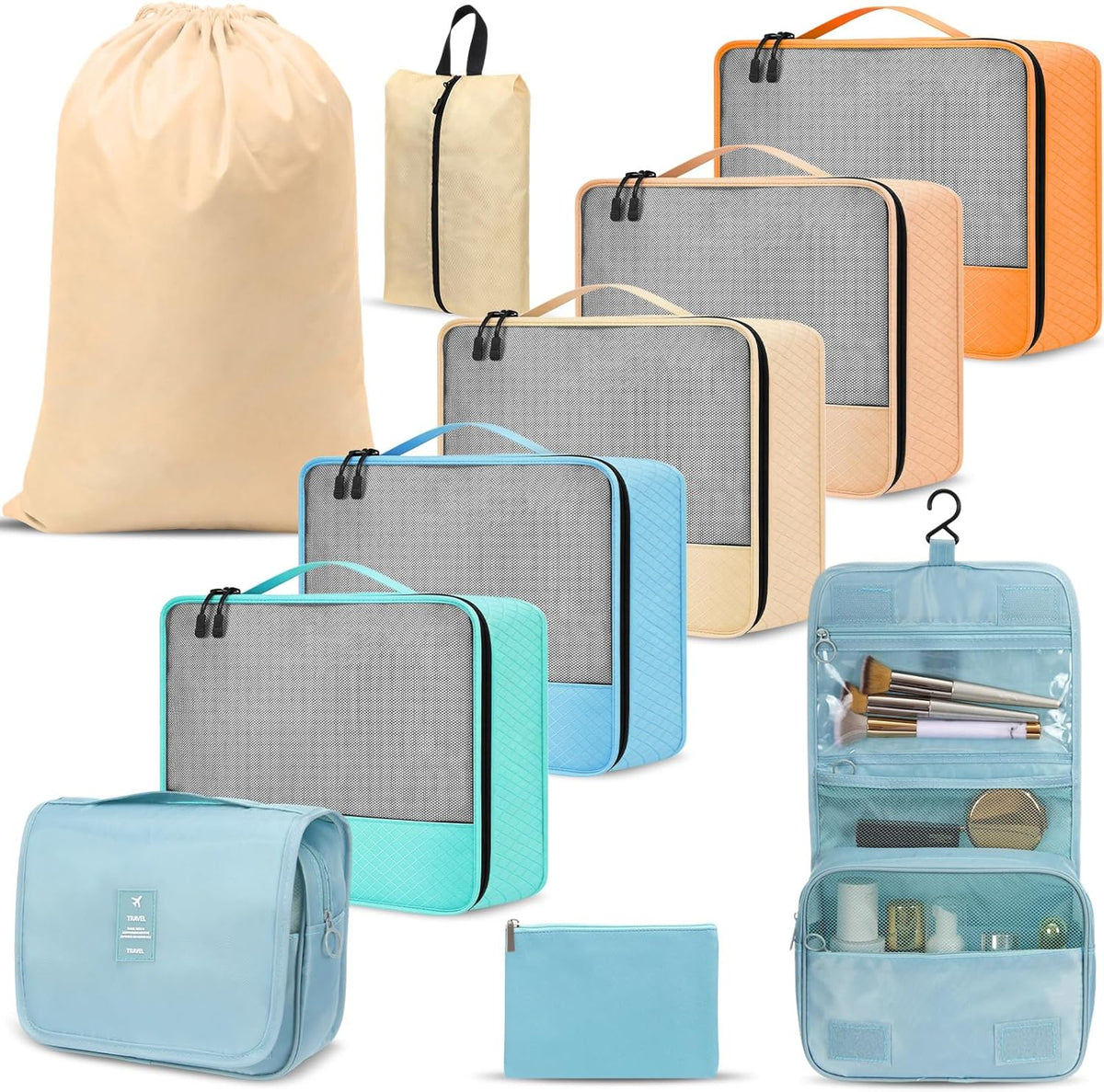 9 Pcs Packing Cubes Set for Travel with Waterproof Clothing Cubes Toiletry Shoe Laundry Jewelry Bag for Women Men(Light Blue)