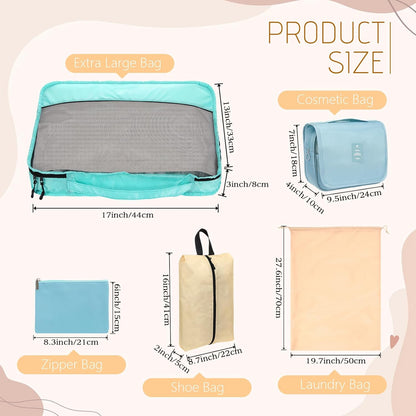 9 Pcs Packing Cubes Set for Travel with Waterproof Clothing Cubes Toiletry Shoe Laundry Jewelry Bag for Women Men(Light Blue)